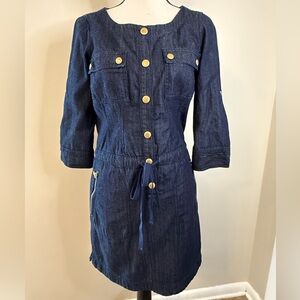 DKNY dark denim jeans midi shirt dress gold buttons SZ SM